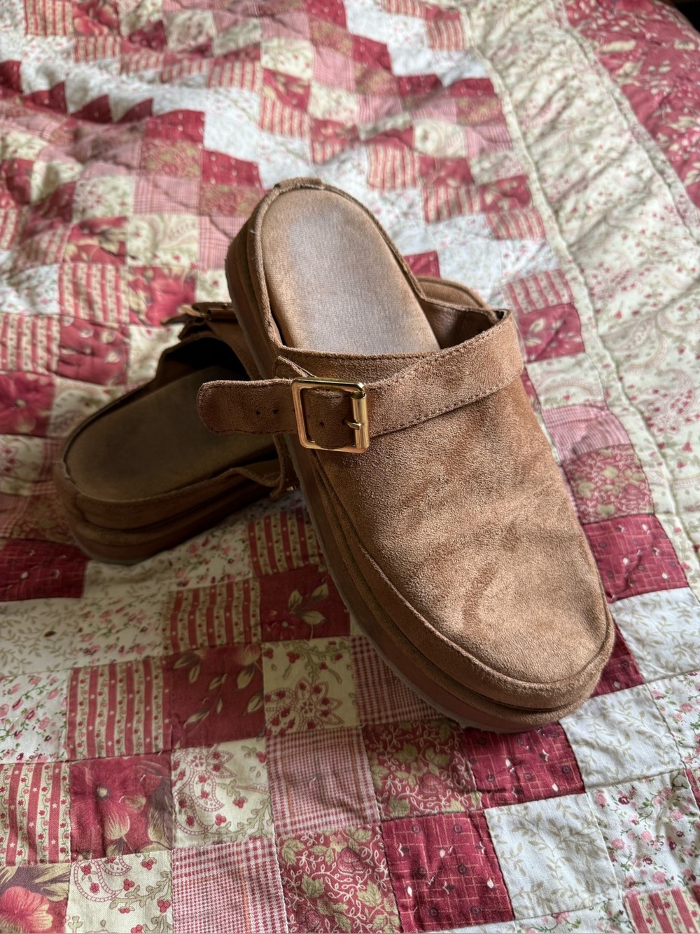 Madden Girl Platform Clog Mules Size 9 | Tan Faux Suede Buckle Slip On Shoes